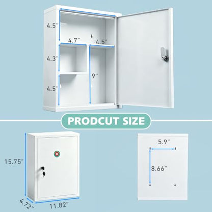 KYODOLED Wall Mount Locking Medicine Cabinet, Large Capacity First Aid Cabinet for Bathroom, Medicine Cabinet with Key, Secure Steel Lock Box for Medication, 15.75" H x 11.82" W x 4.72" D, White