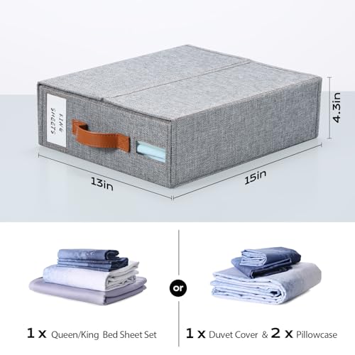 Yecaye Bed Sheet Organizer, Foldable Linen Closet Storage, 4 Pack, Grey | Bedding Storage Box with Clear Window, Labels and Handles for Queen & King Sheet Sets, Duvet Covers and Pillowcases
