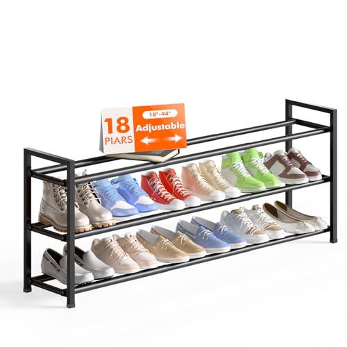 Bumusty 3 Tier Long Expandable Shoe Rack for Closet, Black | 18"-44" Adjustable Shoe Rack for Entryway, Shoe Organizer for Dorm, Front Door, Sturdy Metal