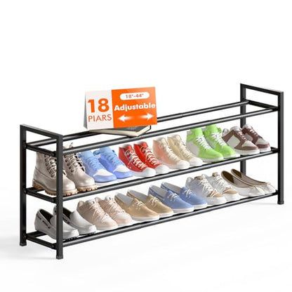 Bumusty 3 Tier Long Expandable Shoe Rack for Closet, Black | 18"-44" Adjustable Shoe Rack for Entryway, Shoe Organizer for Dorm, Front Door, Sturdy Metal