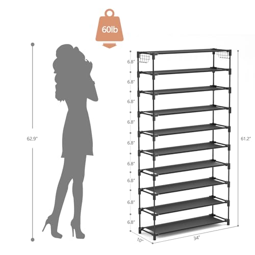 10 Tiers Shoe Rack 50 Pairs Large Capacity Tall Shoe Organizer Sturdy Shoe Storage with Two Hooks Space Saving Metal Wide Shoe Rack for Closet, Entryway, Bedroom, Black