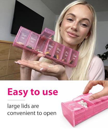 Extra Large Pill Organizer - XXL Vitamin Holder for Weekly Supplements - Double Sided Pill Box 7 Day with Big AM PM Compartments Huge Daily Medicine Dispenser 2 Times a Day Reliable and Easy-to-Use