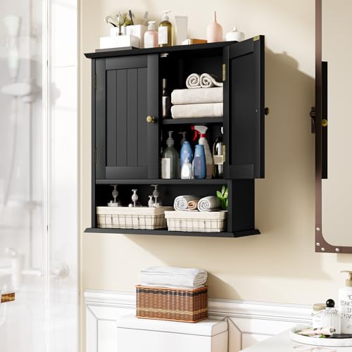 Bathroom Wall Cabinet, Bathroom Cabinet Wall Mount with 2 Doors and Open Shelf, Over The Toilet Wall Storage, Wooden Medicine Cabinets