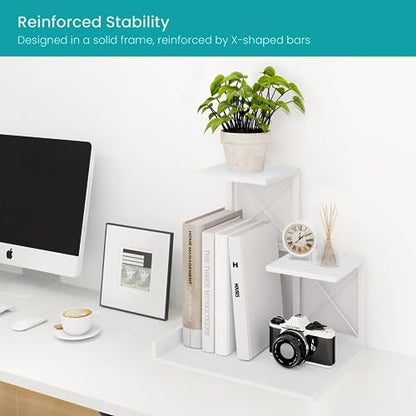 Desk Shelf, Wood Small Bookshelf Desktop Shelves and Organizer, Freestanding 3 Tier Storage Display Stand Home Office Decor for Books Plants Toys, White