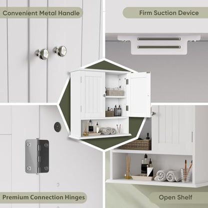 Smuxee White Bathroom Cabinet Wall Mounted, Small Bathroom Medicine Cabinet with 2 Door Adjustable Shelves, Bathroom Wall Cabinet Over Toilet for Laundry Room Kitchen