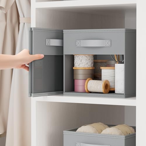 DIMJ Storage Cubes, 11x 11 inch Cube Storage Bin, 6 Pack Closet organizers and storage Bins with Window, Collapsible Baskets with Handle for Shelves, Clothes, Toys, Books (Grey)