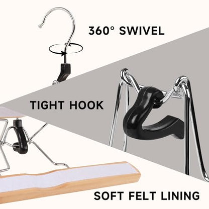 Wooden Non Slip Pants Hangers with Soft Felt Lining, 12-Pack, 12" | Solid Wood Clamp Hangers, 360° Swivel, for Skirts, Jeans, Slacks, Trousers, Shorts