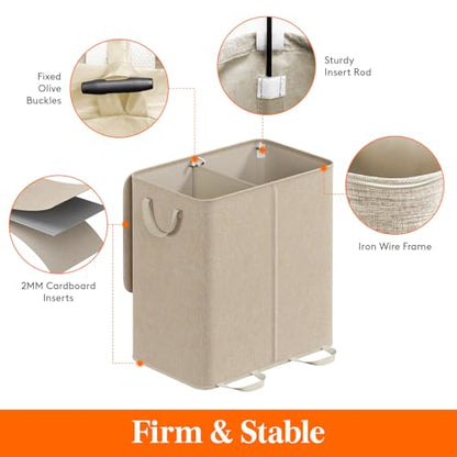 Lifewit Double Laundry Hamper with Lid and Removable Laundry Bags, Large Collapsible 2 Dividers Dirty Clothes Basket with Handles for Bedroom Laundry Room Closet Bathroom College, 136L Beige