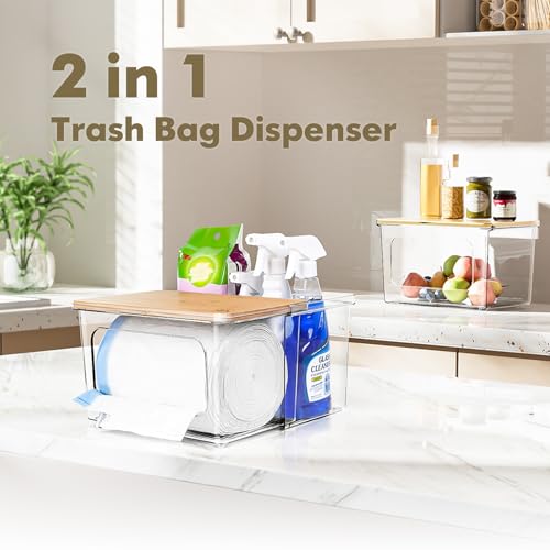 iCASA 2 in 1 Trash Bag Holder Garbage Bags Dispenser Under Sink Organizer | Stackable Trash Bag Organizer for 13/30/33 Gallon Bags, Clear Storage Bins for Kitchen, Cabinet, Laundry Room Organization