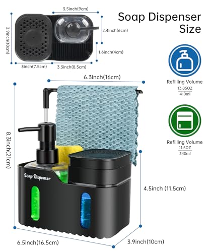 Hand Soap and Dish Soap Dispenser Set for Kitchen, Dual Soap Dispenser with Sponge Holder and Dishcloth Holder 4-in-1 Organizer for Kitchen Sink Countertop, Useful Kitchen Gadgets (Black)