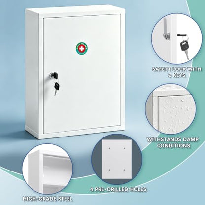 KYODOLED Wall Mount Locking Medicine Cabinet, Large Capacity First Aid Cabinet for Bathroom, Medicine Cabinet with Key, Secure Steel Lock Box for Medication, 15.75" H x 11.82" W x 4.72" D, White