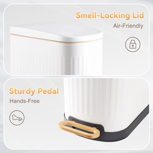 SYNCVIBE Slim Bathroom Trash Can with Soft Close Lid, 3.5 Gal, Matt White | Stainless Steel Garbage Can with Step Pedal, Removable Inner Bucket, Trash Bin for Bedroom, Office, Toilet