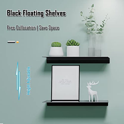 Adhesive Shelves for Wall, Metal Floating Shelf 2 Pack, 15.7x4.9IN | Rustproof Aluminium Shower Caddy, No Drilling, Matte Black Finish, For Living Room, Bedroom, Bathroom, Display Ledge