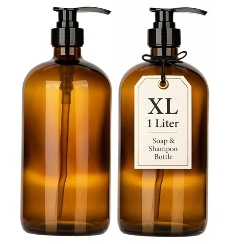 32 Ounce Glass Shampoo and Conditioner Dispenser Bottle with Pump, Shower - 1 Liter Body Wash Dispenser for Shower & Laundry Detergent Dispenser- by Kitchentoolz - Set of 2