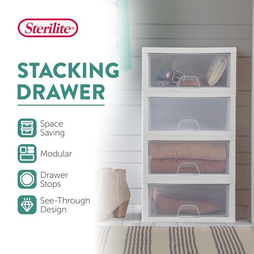 Sterilite 6-Pack 16 Quart Stacking Drawer, Clear Storage Closet Organizer, White Frame - Stackable Modular Plastic Drawers for Clothes, Accessories, Craft Supplies, Shoes or Linens