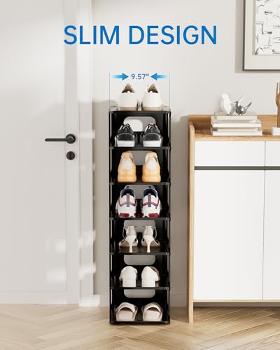 HAIXIN 7-Tier Narrow Vertical Shoe Rack, Skinny Shoe Tower for Closet | Space-Saving Storage, Stackable Modular Design, Easy Assembly, 7 Tiers or Two 4-Tier Shelves, Shoe Cubby for Small Shoe Size