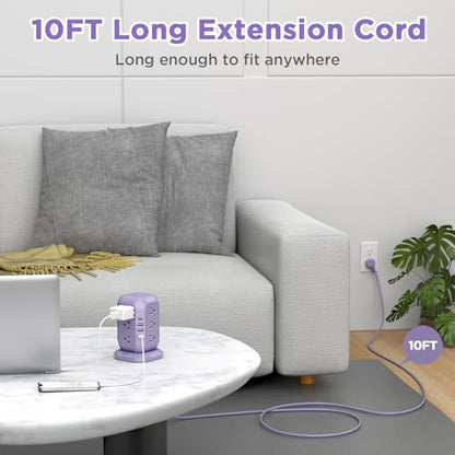 USB C Power Strip Tower with 12 AC Outlet and 4 USB Ports Purple | 10 FT Extension Cord, 1200J Surge Protector, USB Charging Station Office Supplies, Dorm Essentials, Woman