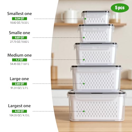 5 PCS Fruit Storage Containers for Fridge, Leakproof Produce Containers