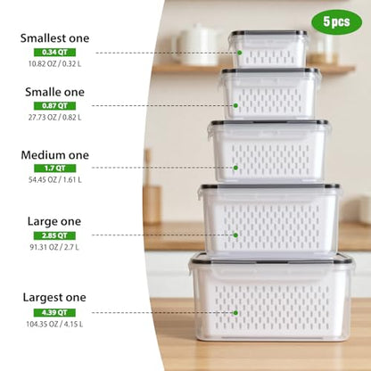 5 PCS Fruit Storage Containers for Fridge, Leakproof Produce Containers