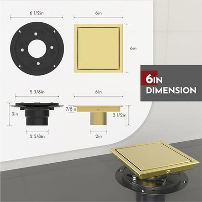 6 Inch Square Shower Drain Gold Floor Drain with Flange Reversible 2-in-1 Cover Tile Insert Grate Removable SUS304 Stainless Steel CUPC Certified Brushed Gold
