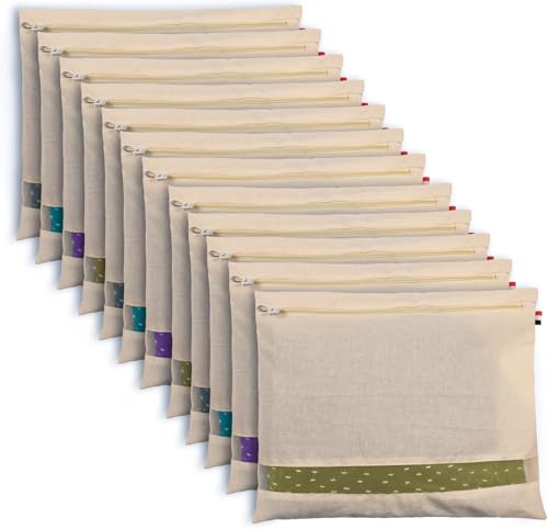 Cotton Saree Bags Covers for Storage Set with Zip... (12 Count | Natural | Cotton)