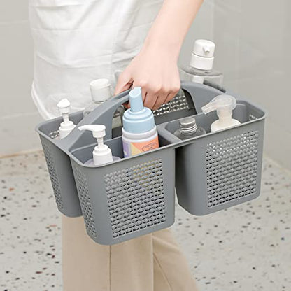 Plastic Portable Shower Caddy Basket with Handle, 3 Compartments, Grey | Storage Organizer with Drain Holes, Sturdy and Durable For Bathroom, Kitchen, College Dorm, Sink, Camping