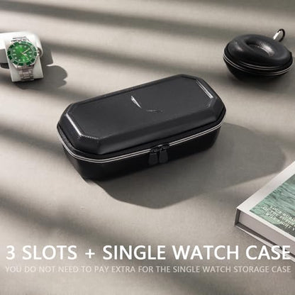 Watch Travel Case, Storage Watch Box for Men (3 Slots +Single) | 3 Slots Watch Cases, Single Watch Case, EVA Hard Shell, Zippered Organizer, Suitable for Wristwatches and Smart Watches
