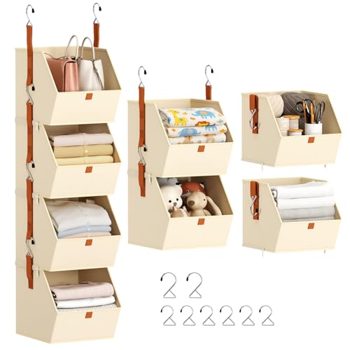 Hanging Closet Organizer 4 Tier - Clothes Hanging Shelves, Space-Saving Closet System, Fabric Storage Bins Bedroom Organization, Collapsible Baskets for Home, Dorm, Rv, Beige