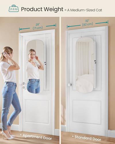 SONGMICS Jewelry Organizer, LED Jewelry Cabinet Wall/Door Mounted, Lockable Rounded Wide Mirror with Storage, Interior Mirror, 3.9 x 16.5 x 42.5 Inches, White Surface with Greige Lining