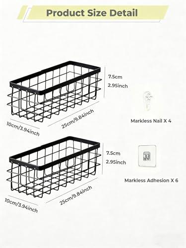 2 Pack Black Adhesive Metal Wire Wall Storage Baskets for Kitchen Bathroom | Drill-free metal baskets fit kitchen, cabinet, shower; usable as spice rack, shower caddy & cabinet storage organizer