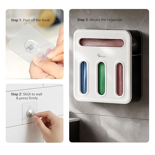 Resealable Bag Storage Organizer, Plastic Wall Mount Container Holder with Adhesive Hooks, Labels for Kitchen Organization, Black