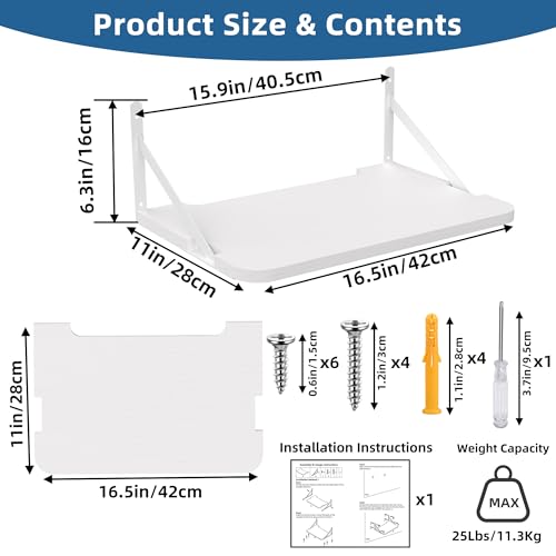 Projector Shelf for Wall Mount, 16.5" × 11", Holds Up to 25lbs, White | Solid Wood, Long-Lasting, Floating Shelf for Router, TV Cable Box, Game Console, DVD Player, Modem