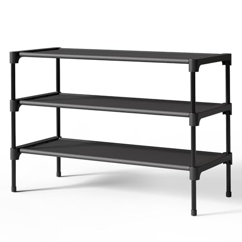 Kitsure Shoe Rack - Non-Woven Shoe Rack Shelf, 27.5" Wide - 3 Tier, Black | Shoe Organizer for Closet, Entryway, Garage, Stackable Shoe Shelves, college dorm&apartment essentials