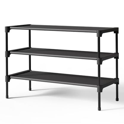 Kitsure Shoe Rack - Non-Woven Shoe Rack Shelf, 27.5" Wide - 3 Tier, Black | Shoe Organizer for Closet, Entryway, Garage, Stackable Shoe Shelves, college dorm&apartment essentials
