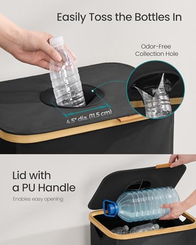SONGMICS Recycling Bin for Kitchen 26.4 Gallon. Bottle Recycling Container, Collection Bin, for Metal, Plastic, Paper, Glass, Inner Bag with Handles, Kitchen, Ink Black and Natural Beige URRB509B01