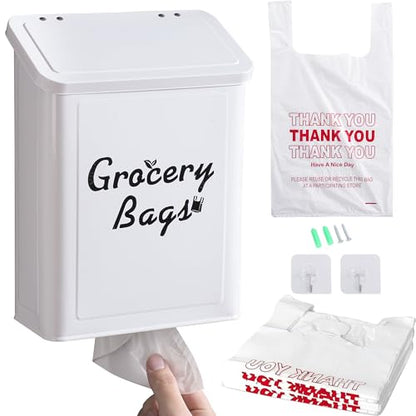 Metal White Magnetic Grocery Bags Holder, Farmhouse Wall Mount Plastic Bag Holder with 50pcs Shopping Bags, Trash Bag Dispenser for Kitchen, Garage, Laundry Room