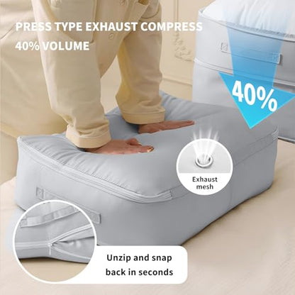 Large Self-Compression Cube for Comforters & Clothes (2-Pack, 11x6.3x1.2in) | nylon,grey,thin compress,1-hand fold,holds 2 comforters,reinforced seam,smooth zip,dust/moisture proof,side handle,wipe-clean