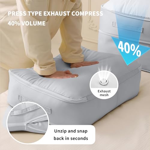Compression Storage Cube for Comforters (1-Pack, Light Grey, 11x6.3x1.2in) | nylon,grey,thin compress,1-hand fold,holds 2 comforters,reinforced seam,smooth zip,dust/moisture proof,side handle,wipe-clean
