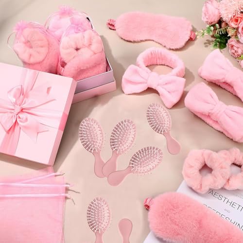 30 Pieces Spa Party Supplies Include Eye Mask Spa Headband with Coquette Bow Plush Sleep Velvet Scrunchies Organza Bags Hair Comb for Sleepover Slumber Party Favor Return Gift