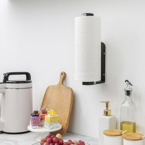 Under Cabinet Paper Towel Holder, One-Hand Tear, Wall Mount, Black | Quick Release Knob For Easy Roll Loading. Stainless Steel Holder For Kitchen Organization With Adhesive Or Screw Installation