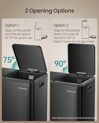 SONGMICS Trash Can, Double Compartment Garbage Can, Stainless Steel | 2 X 8 Gallon (2 x 30 L) for Recycling, with 15 Liner Bags, Soft-Close Lids, Removable Buckets, Black ULTB160BZ01