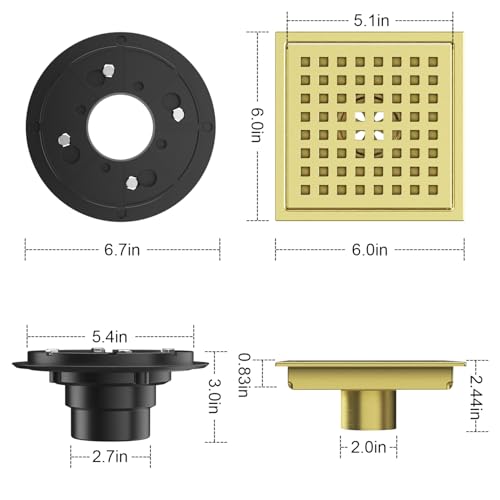 EXF Square Shower Drain Brushed Gold 6-Inch with ABS Flange, Hair Catcher | 304 Stainless Steel, Removable Grid Grate, Anti-Clog, Anti-Rust, Easy Clean, Adjustable Height
