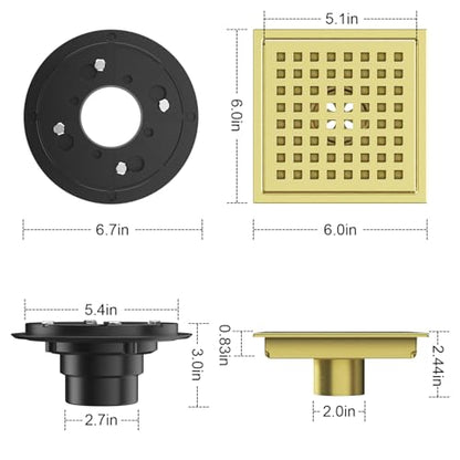 EXF Square Shower Drain Brushed Gold 6-Inch with ABS Flange, Hair Catcher | 304 Stainless Steel, Removable Grid Grate, Anti-Clog, Anti-Rust, Easy Clean, Adjustable Height