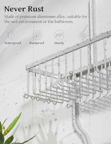Never Rust Shower Caddy Hanging, Aluminum Shower Racks for Inside Shower, 3-Tier Shower Organizer Hanging Over Shower Head with Hooks and Soap Holder, Silver