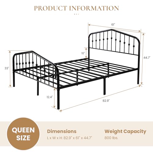 SHA CERLIN Queen Metal Bed Frame with Wrought Iron-Art Headboard, Black
