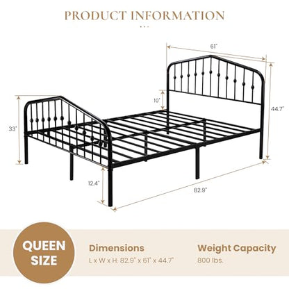 SHA CERLIN Queen Metal Bed Frame with Wrought Iron-Art Headboard, Black