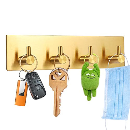 Picowe Key Holder for Christmas Wall Decorative, Adhesive Stainless Steel Key Hooks, Key Hanger Key Organizer Towel Hook Coat Hanger for Entryway Hallway Kitchen (Four Rows, Golden 1 PC)
