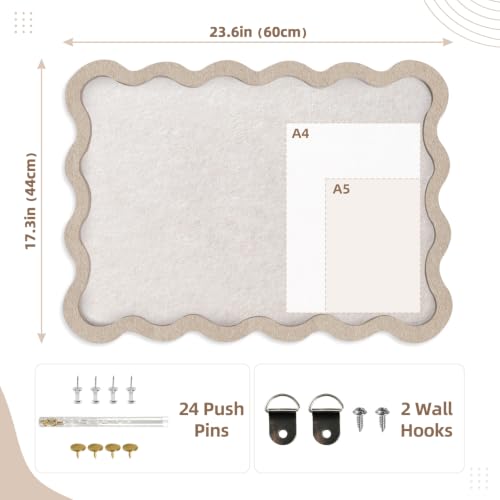 VABAMNA Scalloped Felt Bulletin Board 24"x18", Felt Cork Board Alternative for Wall, Foldable Picture Self-Adhesive Boards with Pins Hooks, Vision Boards for Photo Display School Home Office, Oatmeal