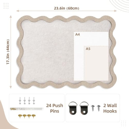 VABAMNA Scalloped Felt Bulletin Board 24"x18", Felt Cork Board Alternative for Wall, Foldable Picture Self-Adhesive Boards with Pins Hooks, Vision Boards for Photo Display School Home Office, Oatmeal