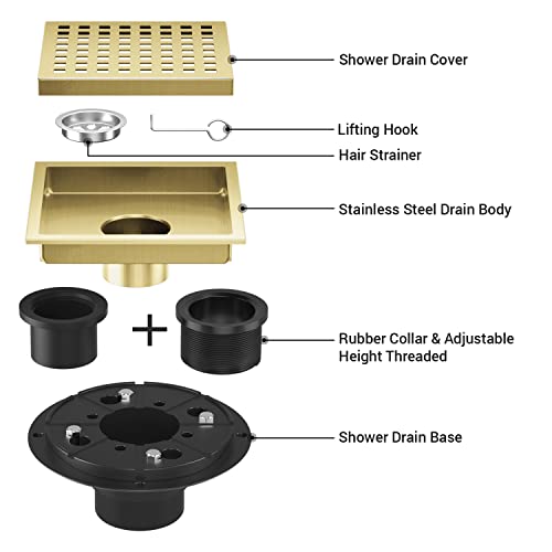 EXF Square Shower Drain Brushed Gold 6-Inch with ABS Flange, Hair Catcher | 304 Stainless Steel, Removable Grid Grate, Anti-Clog, Anti-Rust, Easy Clean, Adjustable Height